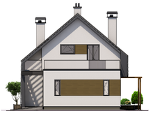 План стильного дома с просторной террасой на крыше гаража, общей площадью 151 кв. м, жилой 65 кв. м