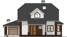 План современного кирпичного дома в два уровня с пристроенным гаражом общей площадью 223 кв. м, жилой 155 кв. м