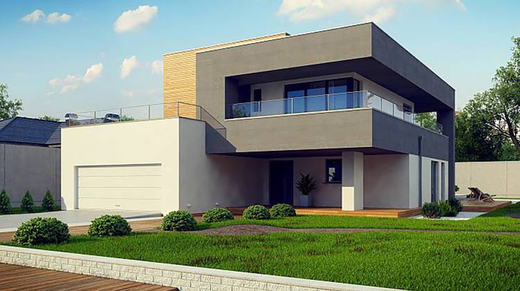 Проект современного двухэтажного коттеджа с плоской кровлей с гаражом на две машины
