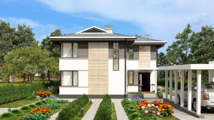 Проект современного дома с просторной террасой и балконом