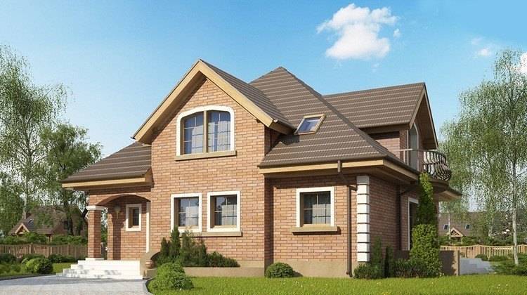 Коттедж с многоскатной крышей и кирпичным фасадом