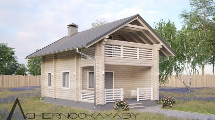 Эффектный дом из бревен с просторным балконом и верандой