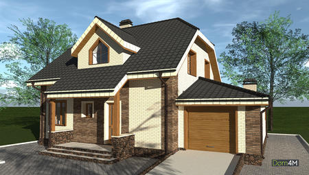 План современного кирпичного дома в два уровня с пристроенным гаражом общей площадью 223 кв. м, жилой 155 кв. м