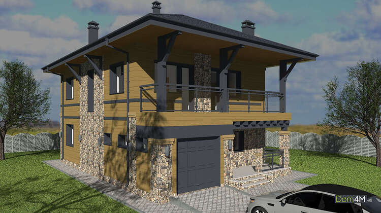 Проект двухэтажного дома площадью 150 кв. м, декорированного натуральным камнем и фасадными панелями