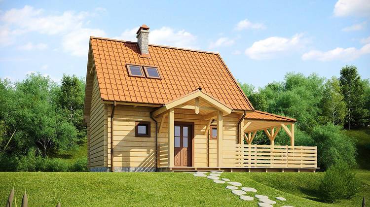 Проект коттеджа с деревянным фасадом и боковой террасой