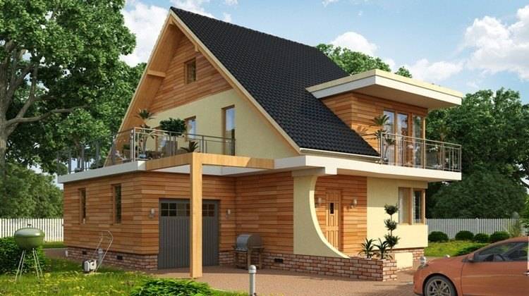 Проект загородного коттеджа с мансардой чердаком и огромным балконом