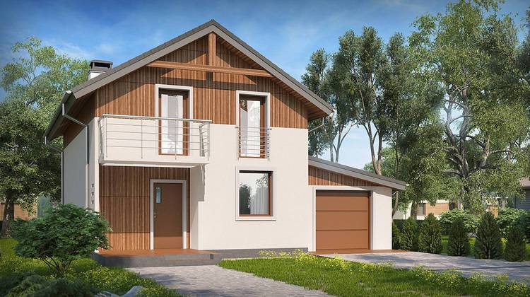 Двухэтажный дачный дом по типу 4M406 с встроенным гаражом для 1-го автомобиля