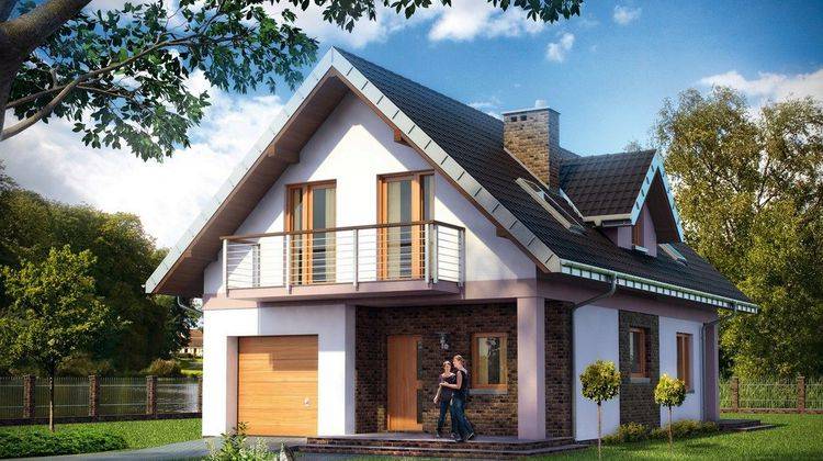 Проект симпатичного коттеджа с небольшим гаражом и светлыми комнатами