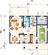 План двухэтажного коттеджа на 177 кв. м с симпатичным входным порталом и встроенным гаражом