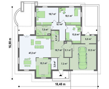 Проект большого одноэтажного дома с гаражом для двух машин