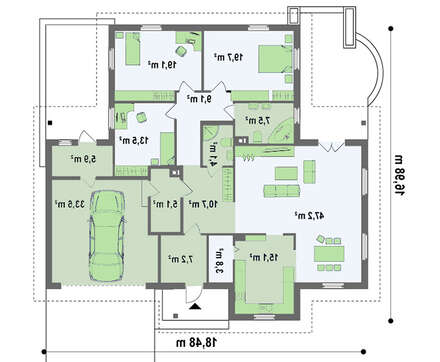 Проект большого одноэтажного дома с гаражом для двух машин