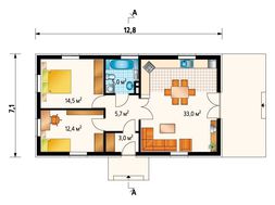 План одноэтажного загородного коттеджа для узкого участка