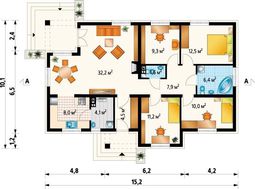 Проект одноэтажного коттеджа с просторной гостиной