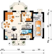 Проект симпатичного коттеджа с гаражом на одно авто и эркером