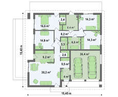 Просторный коттедж с четырехскатной кровлей и двумя гаражами