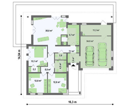 Функциональный проект одноэтажного дома с гаражом для 2 автомобилей