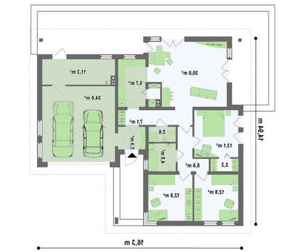 Функциональный проект одноэтажного дома с гаражом для 2 автомобилей
