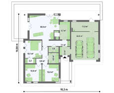 Функциональный проект одноэтажного дома с гаражом для 2 автомобилей