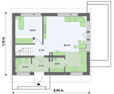 Проект компактного 1-этажного дома с мансардой с двускатной крышей