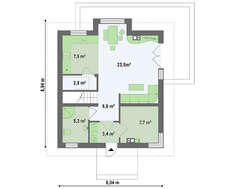 Проект негабаритного аккуратного дачного коттеджа с двускатной крышей