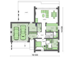 Проект небольшого двухэтажного дома с панорамным окном в гостиной