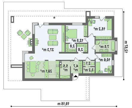 Проект одноэтажного модернового дома для узкого участка