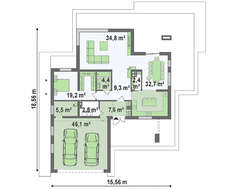 Проект современного двухэтажного коттеджа с плоской кровлей с гаражом на две машины