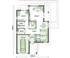 Проект загородного дома с многоскатной кровлей и фронтальным гаражом