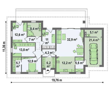Проект одноэтажного коттеджа для узкого участка