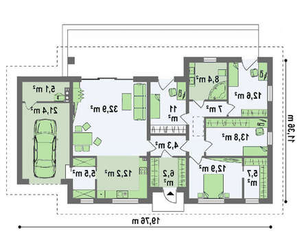 Проект одноэтажного коттеджа для узкого участка