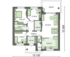 Проект загородного дома с тремя спальнями и двускатной крышей