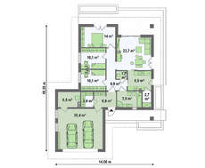 Проект одноэтажного коттеджа с гаражом на две машины площадью до 150 m²