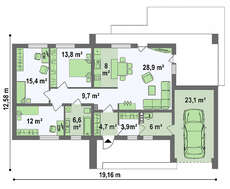Классический одноэтажный дом для узкого участка площадью 130 m²