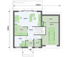 Проект одноэтажного коттеджа с гаражом и зеленой кровлей