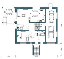План двухэтажного коттеджа с гаражом на два автомобиля и просторной верандой