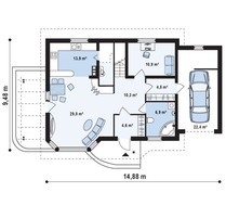 Проект коттеджа с гостиной и боковой террасой