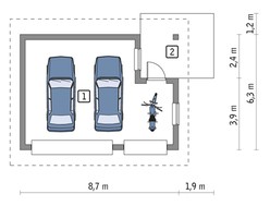 Проект компактного гаража с навесом на два авто