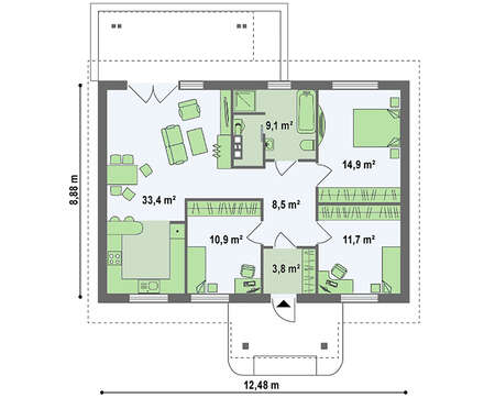 Одноэтажный коттедж с двухскатной крышей в классическом стиле