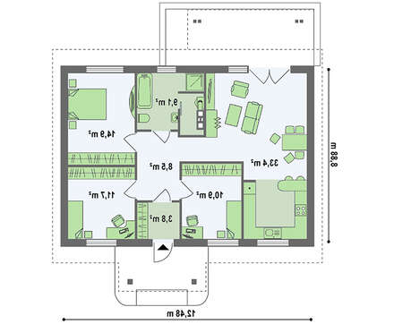 Одноэтажный коттедж с двухскатной крышей в классическом стиле
