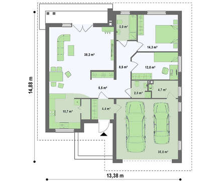 Большой одноэтажный дом с гаражом для двух авто