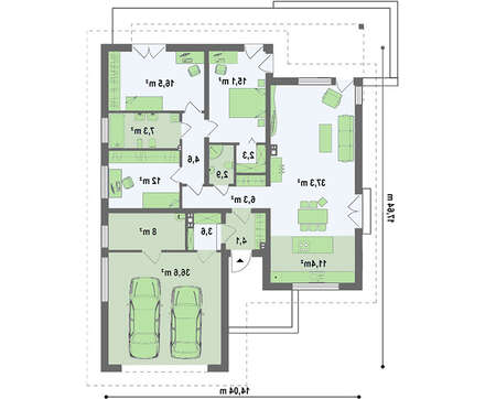 Проект просторного коттеджа с панорамными окнами и гаражом на 2 авто