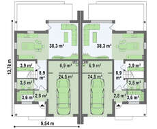 Проект загородного коттеджа на две семьи с гаражом на каждой половине