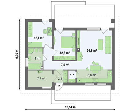 Проект одноэтажного коттеджа с маленьким чердаком