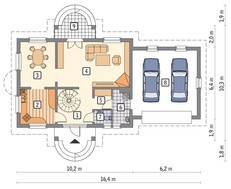 Двухэтажный жилой дом с двумя круглыми балконами