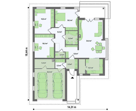 Одноэтажный коттедж с гаражом на две машины и панорамным окном в гостиной
