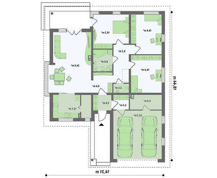 Одноэтажный коттедж с гаражом на две машины и панорамным окном в гостиной