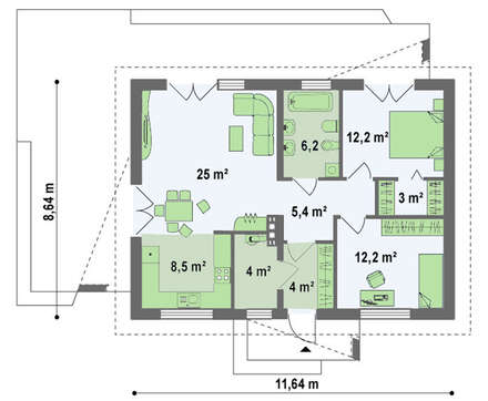 Проект одноэтажного загородного коттеджа с мансардой и двускатной кровлей