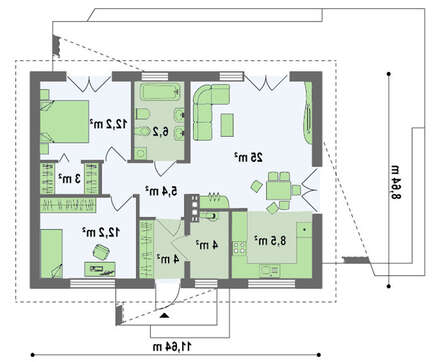 Проект одноэтажного загородного коттеджа с мансардой и двускатной кровлей