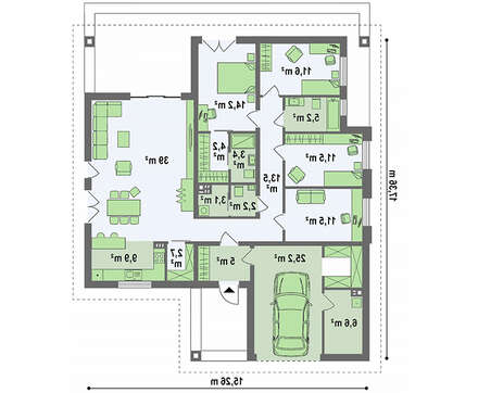Планировка коттеджа на 167 кв. м с четырьмя спальнями и встроенным гаражом