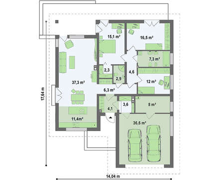 Проект одноэтажного коттеджа с гаражом для 2-х машин